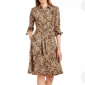 NWT Calvin Klein Leopard Print, 3/4 Sleeve, Belted, Button Down Shirt Dress